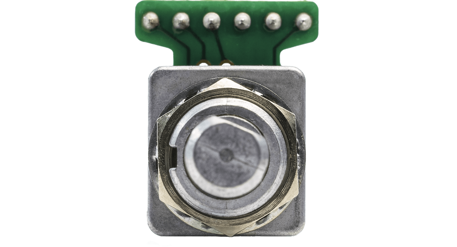 A top-down macro shot of a Grayhill rotary encoder, showing the mounting nut, shaft, and the attached circuit board with solder points.